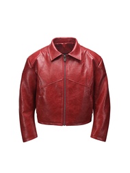 เสื้อแจ็คเก็ตหนัง PU ทรงหลวมสไตล์เยาวชน HAS2SONS สีแดง แขนโค้ง ปกพับ ทรง 3 มิติ ด้านข้าง เสื้อผ้าผู้