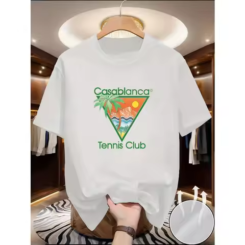 This Casual Summer T-Shirt Features a Green "Casablanca" Text And a Triangular Design That Includes 