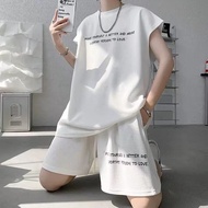 【00118s8zmdk38.my】 Oversized men's sportswear suit Waffle fashion sl大码男士运动服套装华夫格潮无袖背心t恤百搭休闲两件 【0826t