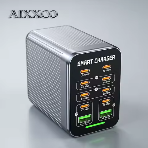 Charger GaN Station AIXXCO 425W GaN Desktop Charger 10-in-1 Smart Charging Station 8 USB-C 2 QC3.0 P