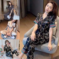 M-5XL Plus Size Pajama Terno for women Fashion Long Pants+short Sleeve Sleepwear Silk Satin Pajamas