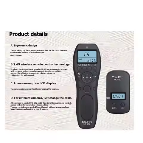 N94R YOUPRO MC-292 2.4G Wireless Remote Control LCD Timer Shutter Release Channels for Canon/Sony/Ni