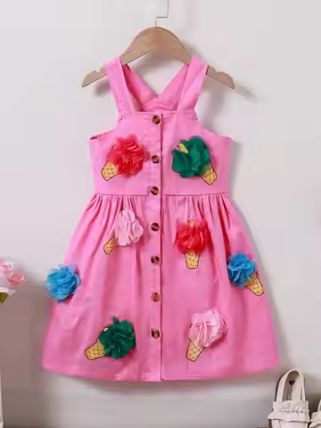 （7333）Girl's Fun Ice Cream Print Woven Suspender Dress in Fresh Rose Red with 3D Floral Decoration, 