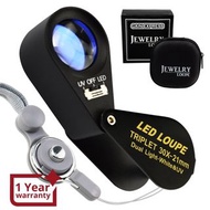 【$包郵$】GEM-249 30 倍放大珠寶寶石放大鏡，帶 UV 和 6 LED 燈，21 毫米光學玻璃三重放大鏡鏡頭便攜式手持放大工具珠寶商郵票和硬幣收藏家折疊式和黑色框架設計金屬機身