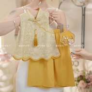 A ai2 Girls Suit Summer Chinese Design Jacquard Hanfu Vest Children Two Sets Bud Shorts20250926