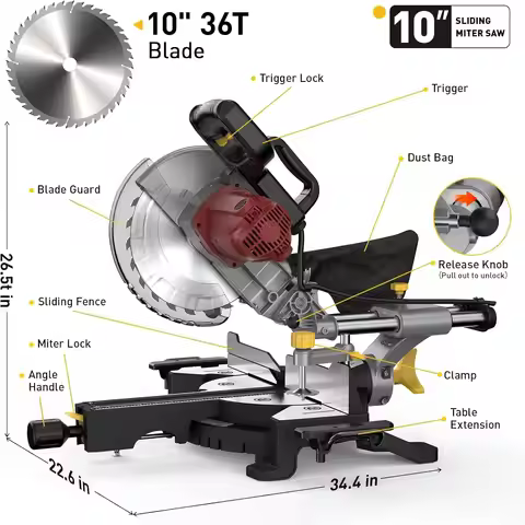 10"Sliding Compound Miter Saw Single Bevel Electric Saw 15 Amp 5000RPM 0-45° 36T Blade Precision Cut