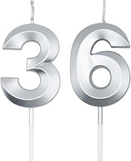 Silver 36th & 63rd Birthday Candles for Cakes, Number 36 63 Candle Cake Cupcake Topper for Birthday 