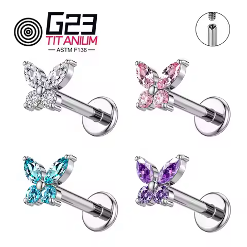 ASTM F136 Titanium 16G Internal Thread Butterfly CZ Labret Tragus Cartilage Conch Forward Helix Stud