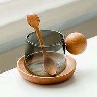 【無用日常】簡約設計 咖啡杯套組 玻璃杯 耐熱玻璃杯 木質系 貓