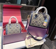 💎品質保障💎TORY BURCH 湯麗柏琦 T Monogram 老花滿印織物拼牛皮革波士頓包單肩斜挎手提包迷你女款海軍藍/牛仔