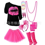 80s Neon Theme Prom Party Accessories Necklace Bow Lace Headband Lightning Earrings Mesh Skirt Set