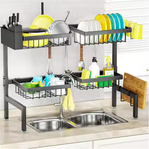 Large Adjustable Over-The-Sink Dish Drying Rack, 2-Tier with 4 Baskets, Saves Kitchen Space