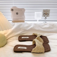 Free Shipping Taiwan Shipping Flat Slippers Women French Retro Vacation Style Woven Cross Sandals Wo