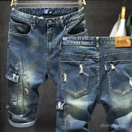 TOP1 2025 Summer Multi-Pocket 7-Point Jeans Men Loose Ripped Large Size Overalls Cropped Shorts Midd