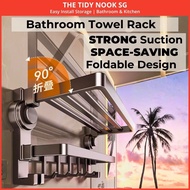 [SG Stock] No-Drill Suction Towel Rack | 90° Foldable Bathroom Shelf | Gunmetal Space Saving 52cm