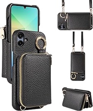 Wallet Case for Samsung Galaxy A06 with Shoulder Strap Ring Buckle PU Leather Zipper Flip Organ Purs