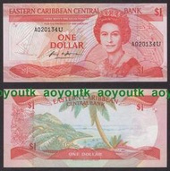 東加勒比國家1988-89年1元 全新 世界錢幣外國紙幣 冠字A U#紙幣#外幣#集幣軒