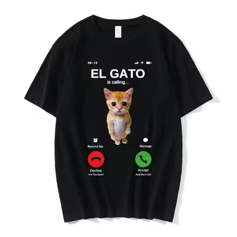 El Gato Is Calling Meme Sad Crying Cat Munchkin Kitty Meme T Shirt Fashion Short Sleeves Oversized T