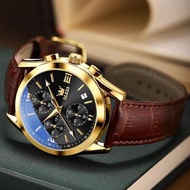 OLEVS 2872 Classic Leather Quartz Watch   男士手錶  男款計時碼表 棕色皮革金色錶殼 男士手錶日日期 夜光 防水休閒 黑色