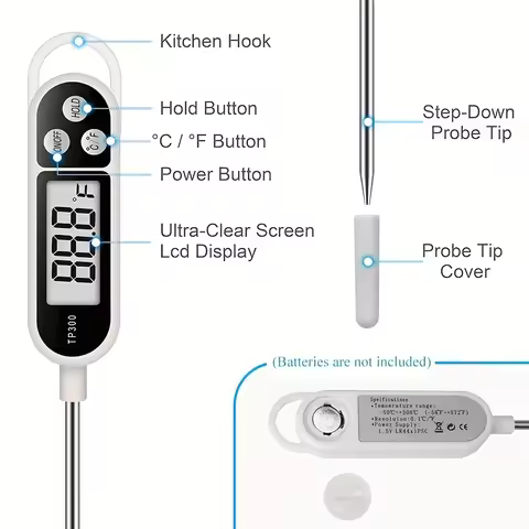 1 Pack TP300 Digital Thermometer, -50~300°C/°F Range, Instant Read with Probe, for Cooking, Baking, 