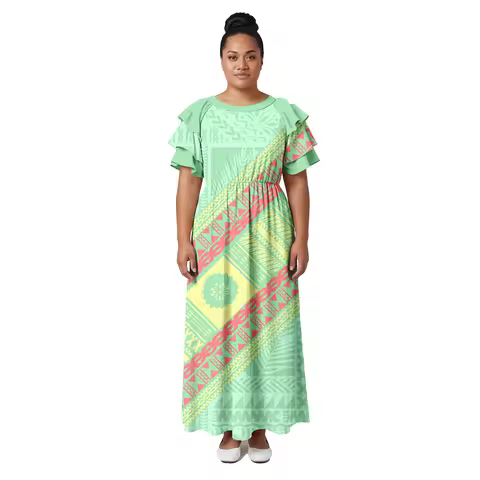 Hawaiian Island Party Prom Ladies Maxi Dress Polynesian Tribal Clothes Samoan Triple Layer Petal Sle