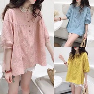 🍄Ready Stock⚡Korean Style Loose Lace Collar Cotton Linen Shirt Women Short Sleeve Blouse Murah Labuh Muslimah Blause Wanita Baju Kemeja Perempuan