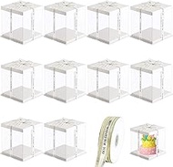 Haploon 10Pcs Clear Cake Box 7x7x8 inch Cake Packaging Boxes Tall Cake Box with Lid and 148ft Ribbon