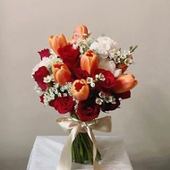 【鮮花】紅橘色龍鳳褂鬱金香玫瑰自然球形鮮花捧花