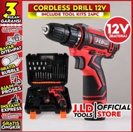 [BISA COD] Cordless Drill Battery 12V include Tool Kits 24 Pcs by JLD Tools - Bor 2 Baterai 12V
