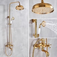 Polished Gold Brass Exposed Shower Faucet Set 8 Inch Rainfall Head Handheld Spray Tub Spout Shower Fixture 2 Cross Handle Bathroom Wall Mount ZD3096