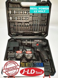 MESIN BOR BATERAI CORDLESS JLD 12V BOR CORDLESS DRILL SET 12 VOLT HITAM ORIGINAL MERK JLD TOOLS