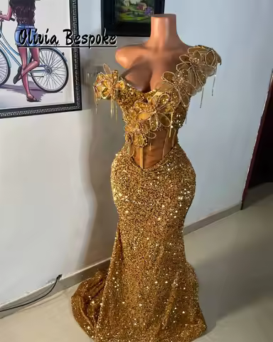 Gold Flowers Off The Shoulder Corset Mermaid Prom Dresses Beaded See Thru 2025 Birthday Luxury For B