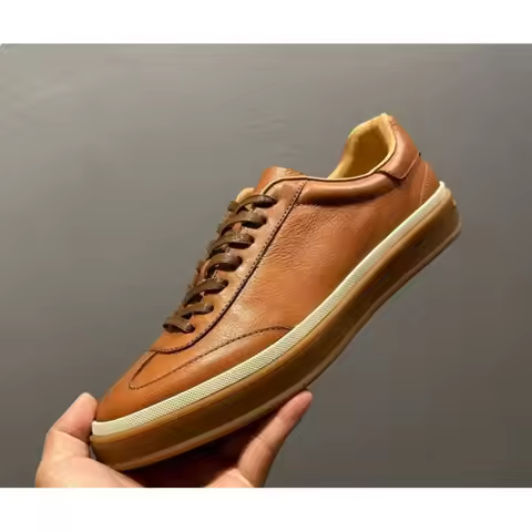 Premium Cognac Leather Retro Sneakers – Handcrafted Comfort, Timeless Vintage Style