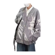 Men Cardigan Sweater Retro American Style V Neck Loose Single-breasted Contrast Color Knitted Sweate