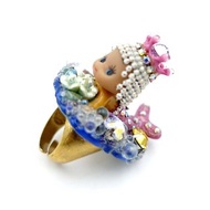 粉紅色美人魚 小嬰兒娃娃綴施華洛水晶寶石黃銅戒指 全手工可訂製