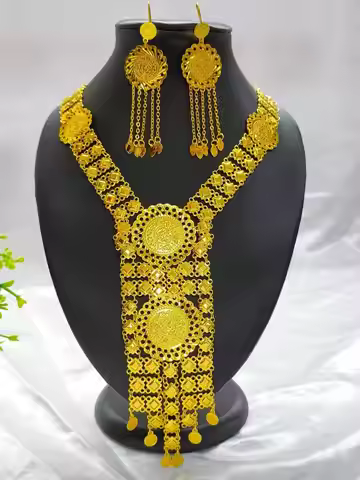 Dubai Indian African Coin Tassel Necklace Earrings Jewelry Set For Women 24K Gold Plated Nigeria Bri