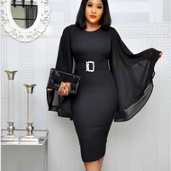 2021Black Elegant Party Dress Women 2019 Black Office Fashion Chiffon Flare Long Sleeve Sexy Bodycon Belt Ladies Autumn Midi Dresses