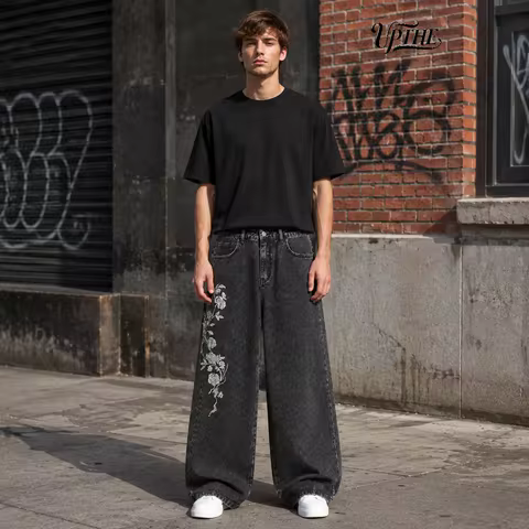 UP.THE Men Y2K Rose Embroidery Wide Leg Jeans, Vintage Black Washed Baggy Denim Pants, Hip Hop Stree