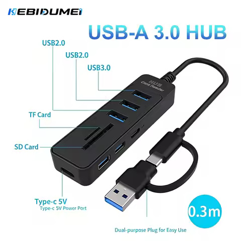 KEBIDUMEI 6 Ports USB Splitter Expander USB 3.0 HUB Type C Power Port 5Gbps High Speed Hub TF SD Rea