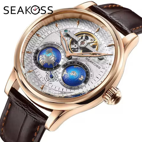 SEAKOSS 47mm Men Automatic Mechanical Watches Double Earth World Time Sapphire Glass 3D Rotate North
