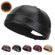 【PJX】 PU Leather Landlord Hat Docker Hat Beanies Hat Brimless Cap Sailor Hat Docker Skull Cap Street