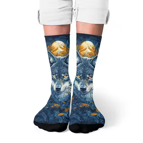 Alaskan Timber Wolf Crew Socks,Photorealistic Fur Texture with Mountain Silhouette,Moisture-Wicking 