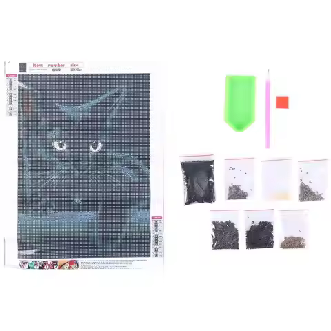 A84X-Animal Black Cat Diamond Painting,Round Diamond Embroidery Art Diamond Diy Handwork Cute Pet Pu