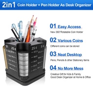 Rotatable Coin Organizer Coin Storage Container Rotating Desk Organizer with 5 Slots Storage Box for Home Office Coin Sorter and Pen Holder Versatile and Practical