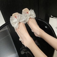 [AY] Fairy Style 2025 Summer Bow Open Toe Low-Heeled Fish Mouth Lace Pearl Buckle Strap Sandals Wome