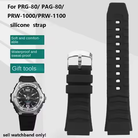 For Casio Watch Strap PRG-80/PAG-80/PRW-1000/PRW-1100 Series Raised Silicone Watch Strap Black 25-20
