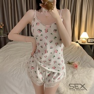Satin Pajamas Lace sexy Set Two-Piece Flower Pattern Shoulder Strap Comfortable To Wear H9421