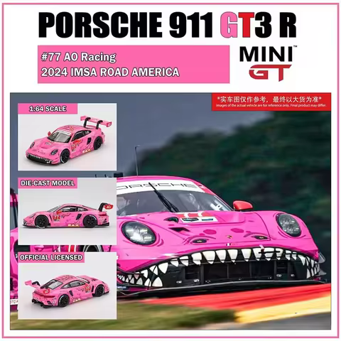 MINIGT 1:64 Porsche 911 GT3 R#77 AO Red-eared Pink Dinosaur IMSA Car Model 1052