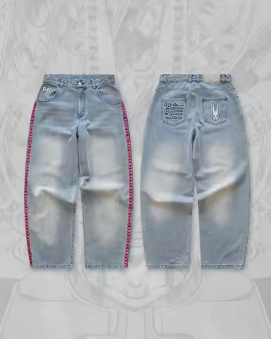 Y2K Men D4C JoJo High Waist Baggy Jeans Women Pink Heart Side Embroidery Loose Fit Washed Denim Pant