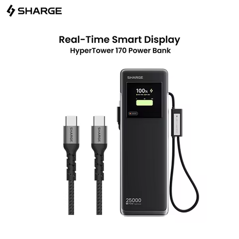 SHARGE 170W Laptop Power Bank 25000mAh Dual Built-in USB-C Cable Fast Charging Battery Pack for iPho
